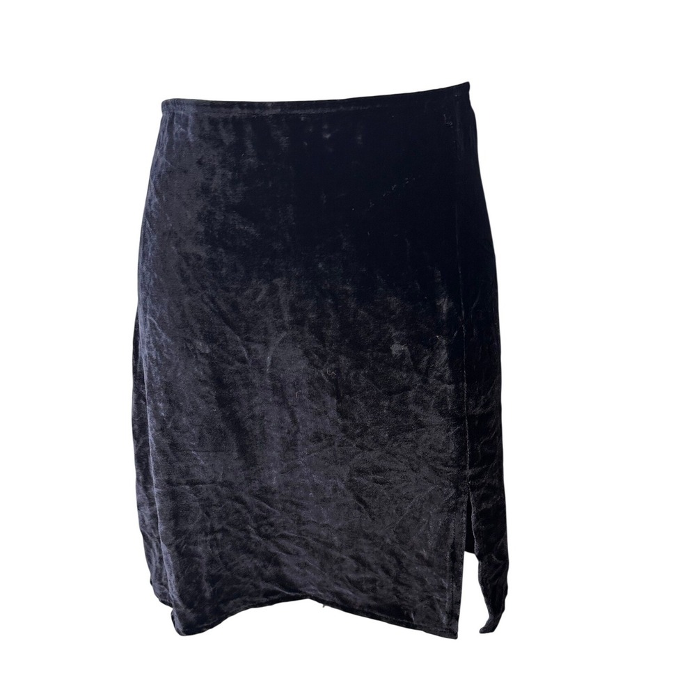 Reformation SZ 12 Black Velvet Silk blend Mini Skirt High Slit Front - Picture 6 of 14